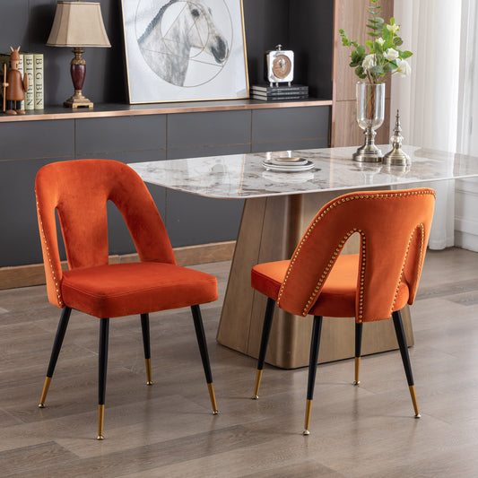 A&A Furniture,Akoya Collection Modern | Contemporary Velvet Upholstered Dining Chair with Nailheads and Gold Tipped Black Metal Legs, Orange，Set of 2