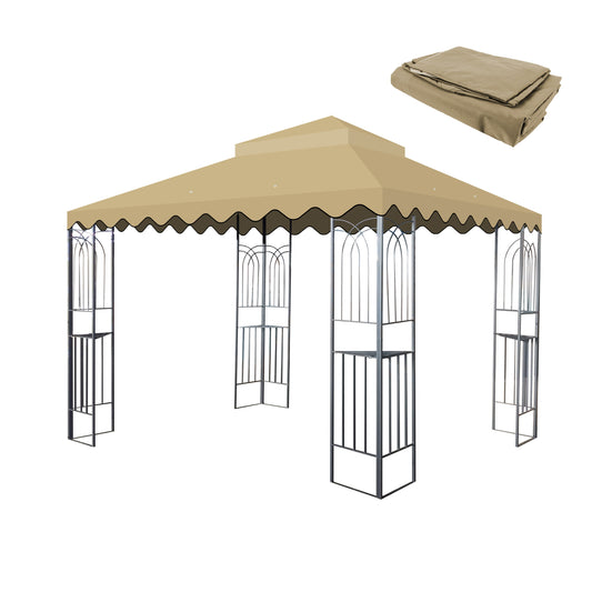 10x10 Ft Outdoor Patio Gazebo Replacement Canopy,Double Tiered Gazebo Tent Roof Top Cover Only wavy border(Frame Not Include)-Tan SolidRoot Buy Furniture USA