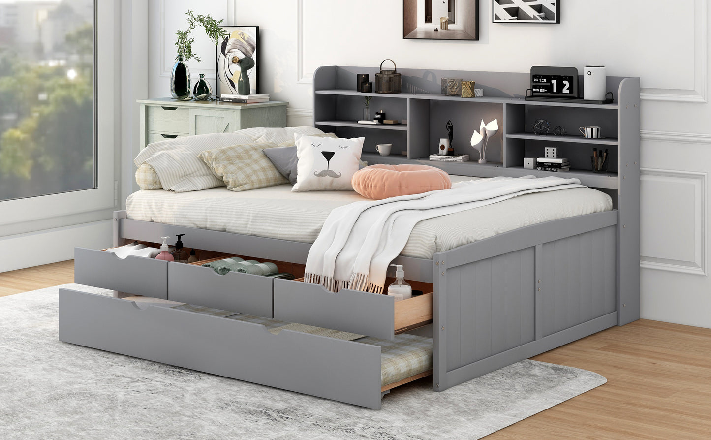 Full Size Wooden Captain Bed with Built-in Bookshelves,Three Storage Drawers and Trundle,Light Grey