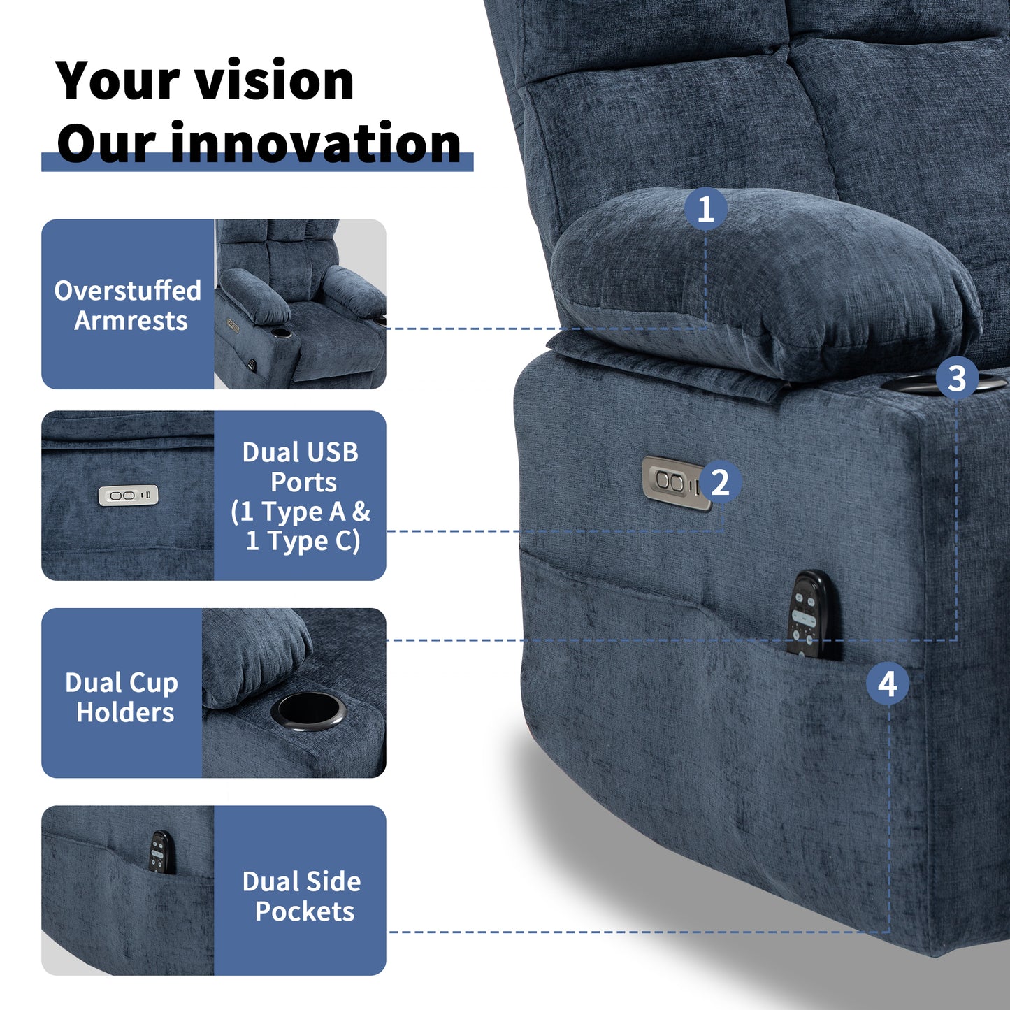 [Video provided] Large Power Lift Recliner Chair Sofa with Massage and Heat for Big and Tall Elderly People,  8-Point Vibration Massage and Lumbar Heating, Two Cup Holders and USB Charge Port, Blue