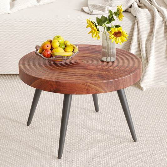 Modern Round Coffee Table - Annular Texture, Durable and Robust With a Diameter of 23.6 inches.Exquisite Suction Molding Process,Walnut Color Pattern Design,Black Sprayed Metal Leg. SolidRoot Buy Furniture USA