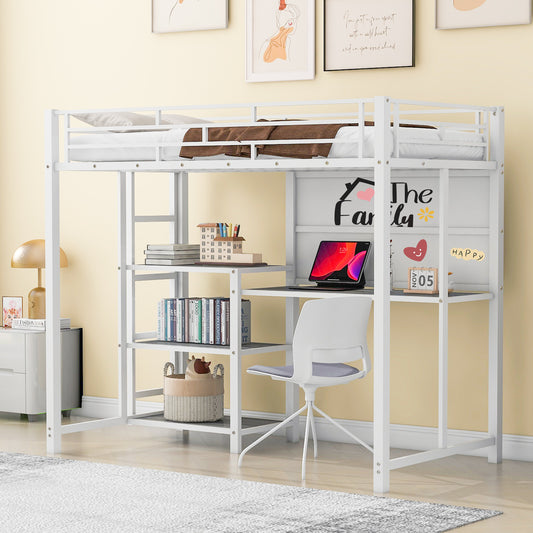 Twin Size Loft Bed with Desk and Whiteboard, Metal Loft Bed with 3 Shelves and Ladder, White - SolidRoot Buy Furniture USA