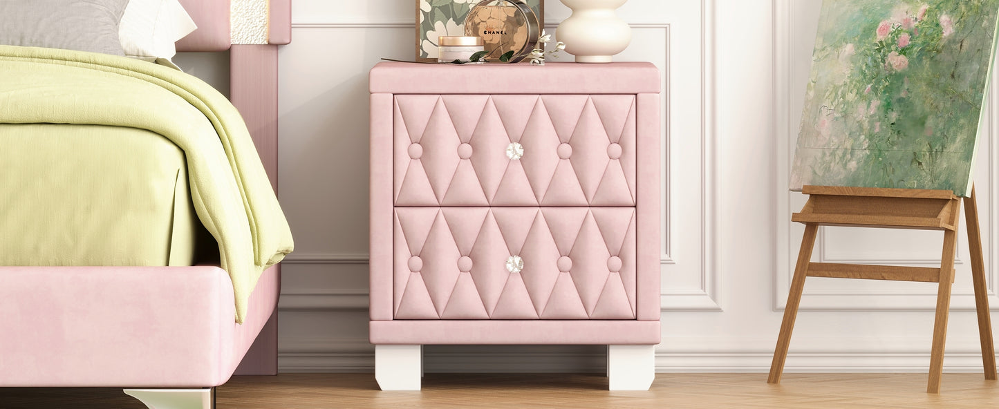 Elegant Velvet Nightstand with 2 Drawers and Crystal Handle, Storage Bedside Table with Button-Tufted, Pink