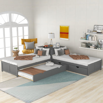 L-shaped Platform Bed with Trundle and Drawers Linked with built-in Desk,Twin,Gray(Old SKU:SM000916AAE-1) Livingsource