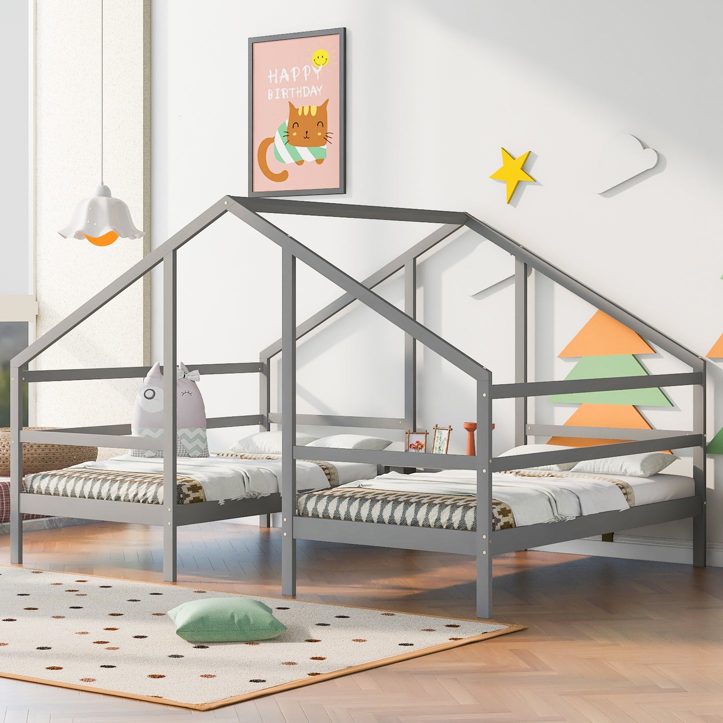 Double Twin Size Triangular House Beds with Built-in Table,Gray(Old SKU: WF286895AAE)