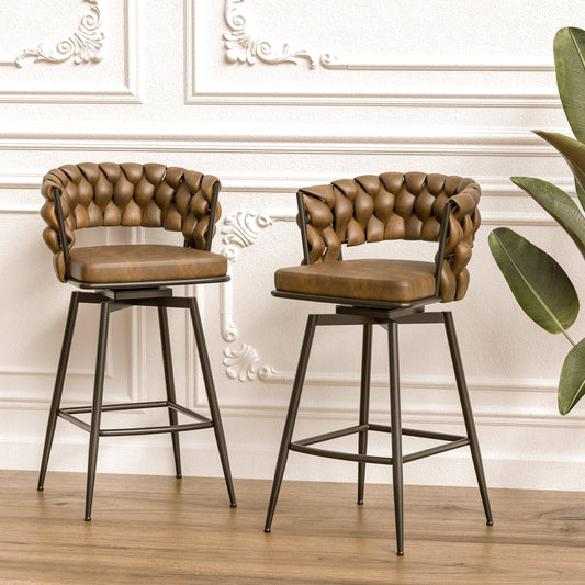 28' Technical Leather Woven Bar Stool Set of 2,Black legs Barstools No Adjustable Kitchen Island Chairs,360 Swivel Bar Stools Upholstered Bar Chair Counter Stool Arm Chairs with Back Footrest (Brown) Livingsource