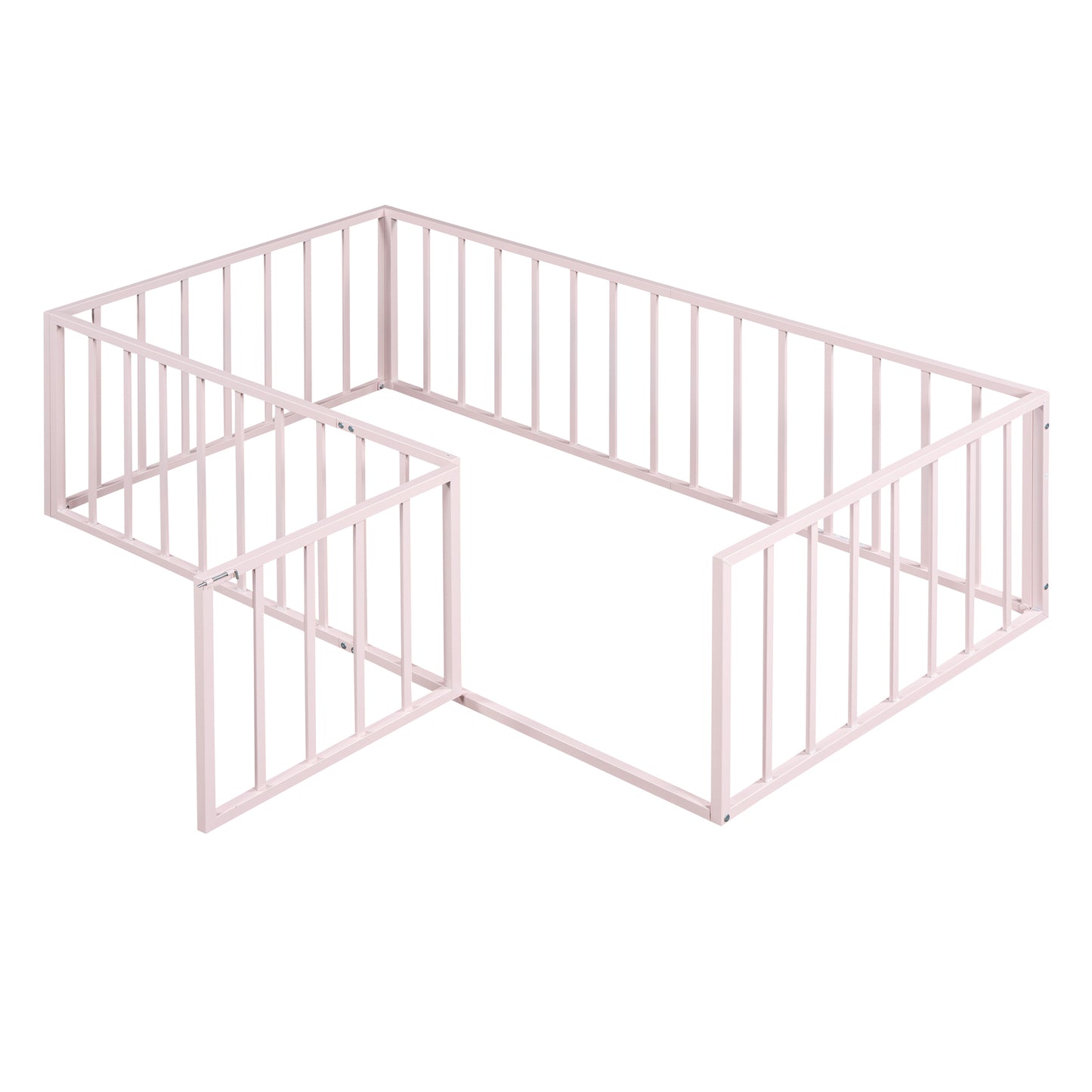 Twin Size Metal Floor Bed Frame with Fence and Door, Pink