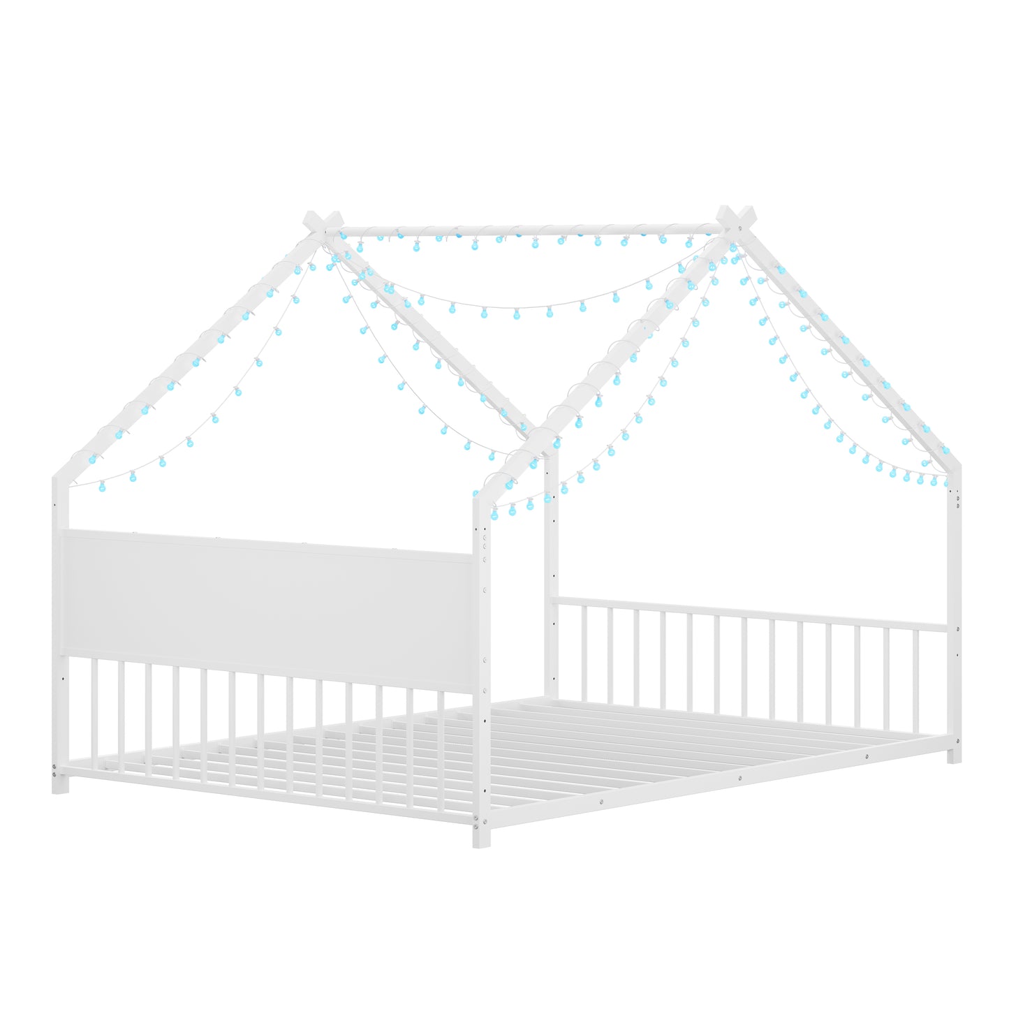 Full Size House Bed with Roof and Colorful Lights, Metal Bed Frame with Slats and Legs, House Bed for Boy, Girls and Young Teens, No Box Spring Needed (White)