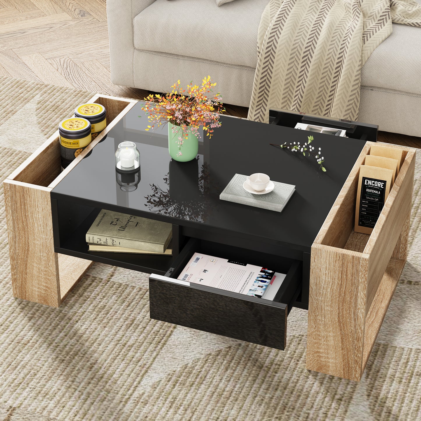 ON-TREND High Glossy Coffee Table with 2 Drawers, Practical Two Tone Center Table with Hidden Compartments, Rectangle Cocktail Table with Open Storage Shelf for Living Room, Bedroom, Black, 41.3*23.6"