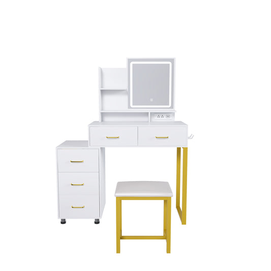 Elegant Makeup Vanity with LED Lights & Power Outlet in White, MDF with Metal Legs, Includes Chair SolidRoot Buy Furniture USA