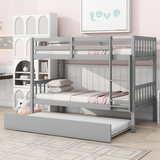 Twin Over Twin Rubber Wood Bunk Bed with Trundle, Convertible into Twin Size Beds, Twin Size Bunk Bed with Ladder and Safety Guardrails,Grey SolidRoot Buy Furniture USA