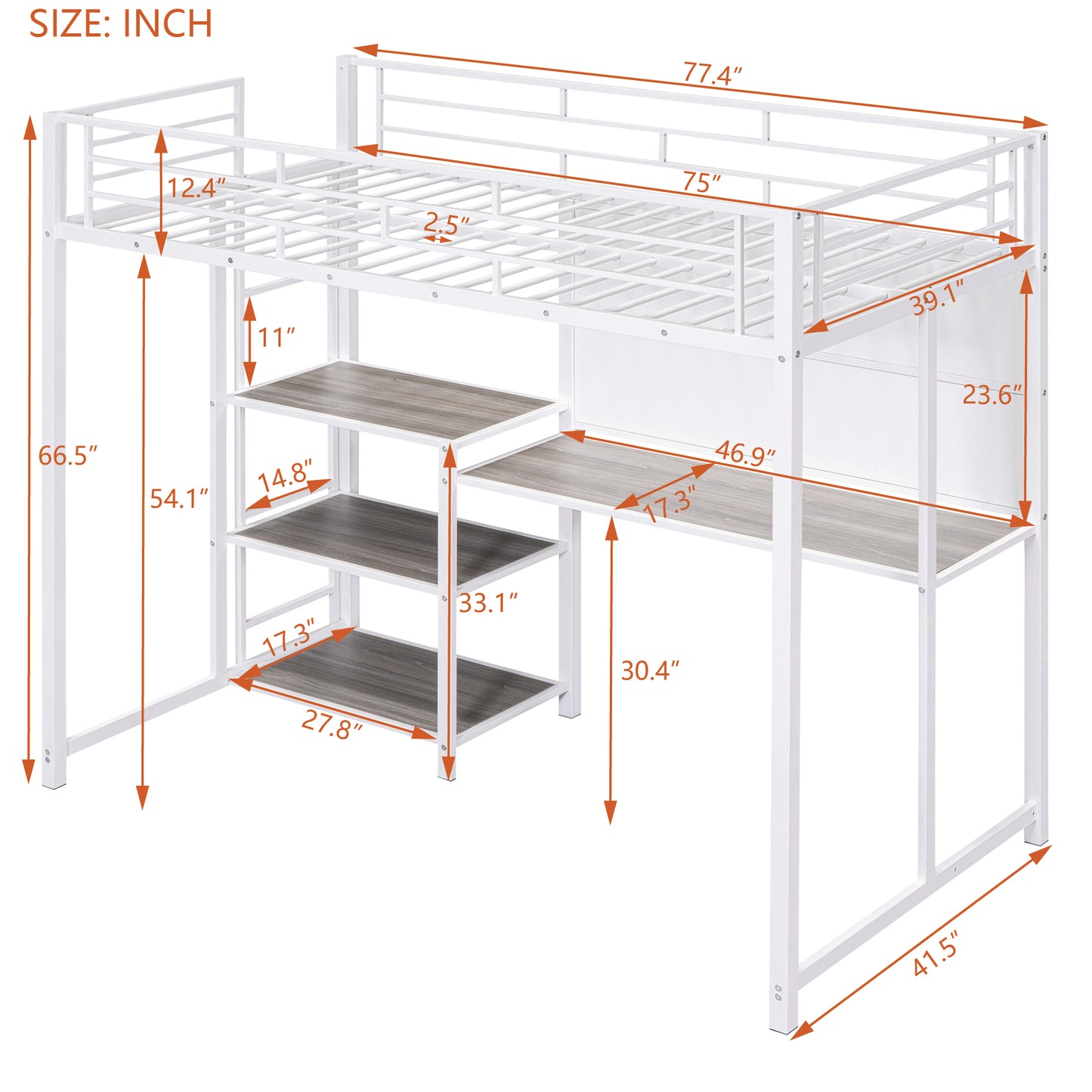 Twin Size Loft Bed with Desk and Whiteboard, Metal Loft Bed with 3 Shelves and Ladder, White