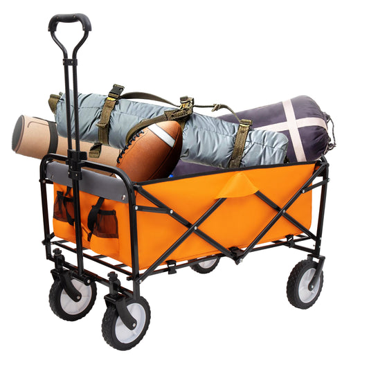 Collapsible Foldable Wagon Cart with strapping system Beach Wagon Utility Cart Utility Wagon Grocery Cart for for Camping Shopping Sports Gardeing Fishing Supports 360lbs All-Terrain Wheels orange Livingsource