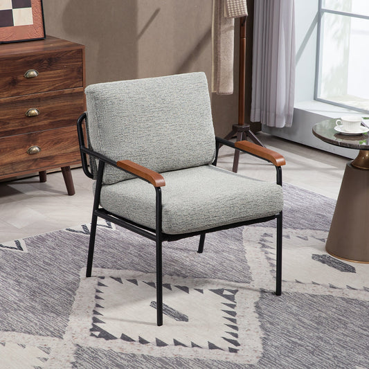 Modern Accent Chair with Natural Wood Armrests and Black Metal Frame, Light Gray Upholstered Seat and Backrest, Comfortable Lounge Chair for Bedroom, Living Room, Dining Room, Set of 1 (GREY) Livingsource