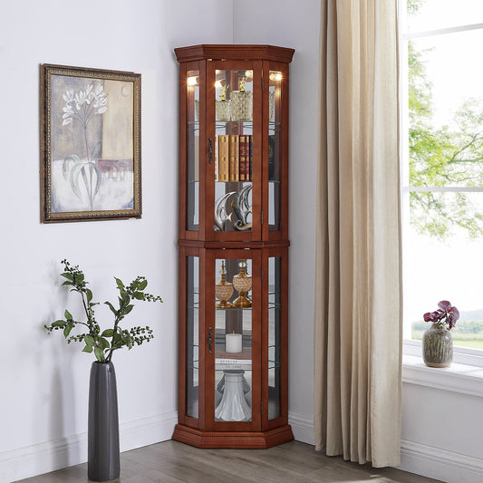 Corner Curio Cabinet with Lights, Adjustable Tempered Glass Shelves, Mirrored Back, Display Cabinet,Light Walnut (E26 light bulb not included)