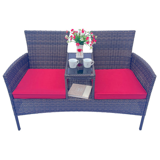 Wicker Patio Conversation Furniture Set, Outdoor Furniture Set with Removable Cushions & Table, Tempered Glass Top, Modern Rattan Bench for Garden Lawn Backyard - SolidRoot Buy Furniture USA