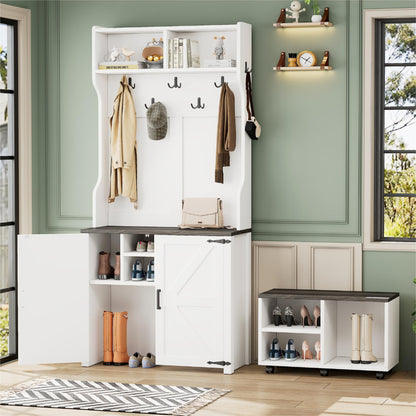 ON-TREND Farmhouse 4-in-1 Hall Tree with Barn Doors, Movable Bench with 7 Hanging Hooks and Shoe Storage Cabinet, 76.9'H Entryway Coat Rack with 6 Brake Wheels for Hallway, Living Room, White SolidRoot Buy Furniture USA