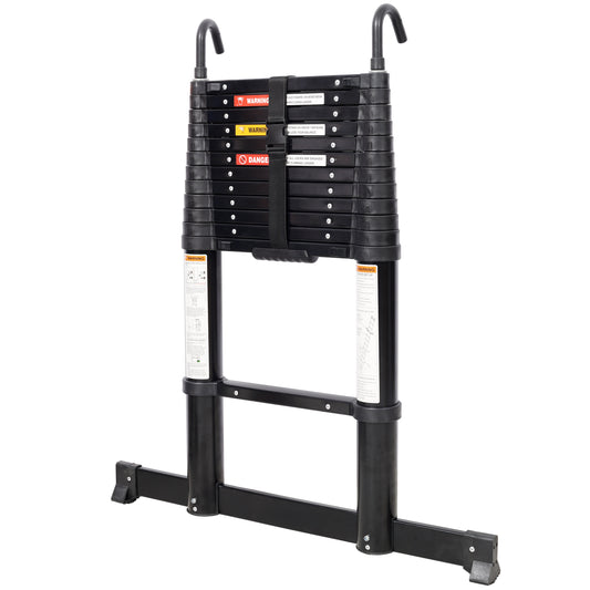 12.5FT Telescopic Ladder Aluminum Ladder with Non-Slip Feet and Stable Hook, Slow Down Safety Function With Stabilizer Portable Extension Ladder for Household and Outdoor Working, 330lb Capacity Black SolidRoot Buy Furniture USA