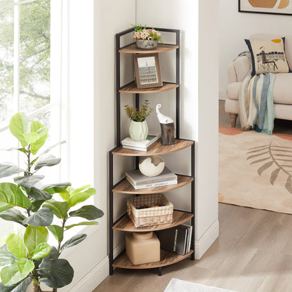 6-Tier Corner Open Shelf Modern Bookcase Wood Rack Freestanding Shelving Unit,Plant Album Trinket Sturdy Stand Small Bookshelf Space-Saving for Living Room Home Office Kitchen Small Space Rustic Brown SolidRoot Buy Furniture USA