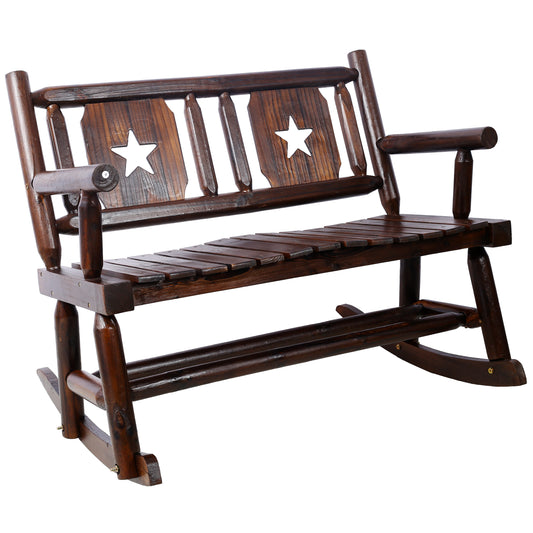 Carbonized Wood Outdoor Rocking Bench (2-Person) - Rustic Brown Double Rocking Chair with Wide Curved Seat, Log Porch Rocker for Patio, Garden & Backyard SolidRoot Buy Furniture USA