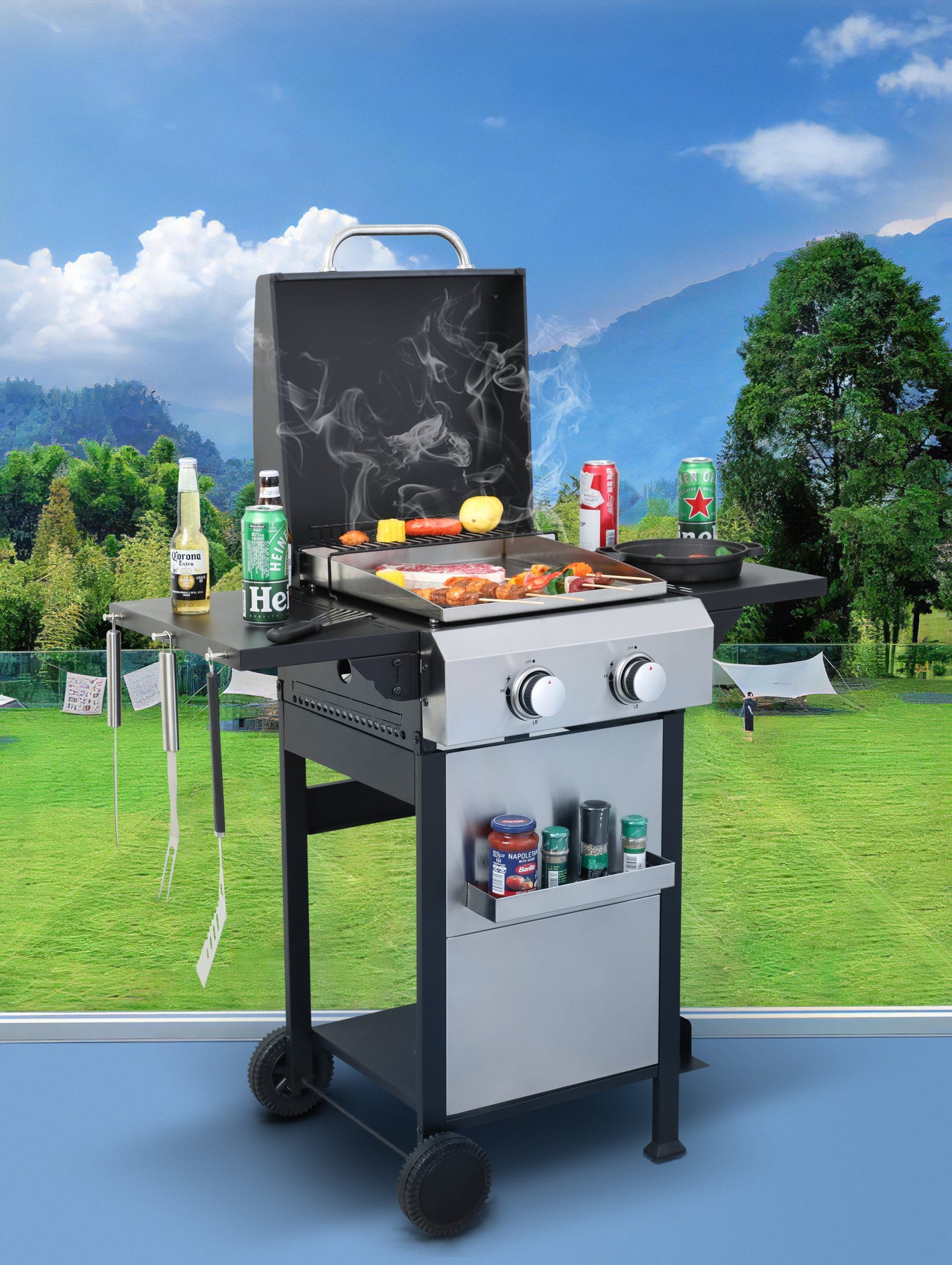 2-Burner Propane Gas BBQ Grill, SS Plancha, 24600BTU Output With Wire Enamel Cooking Grids For Outdoor Barbecue, Foldable Side Table, Hanging Basket, Stainless Steel Livingsource