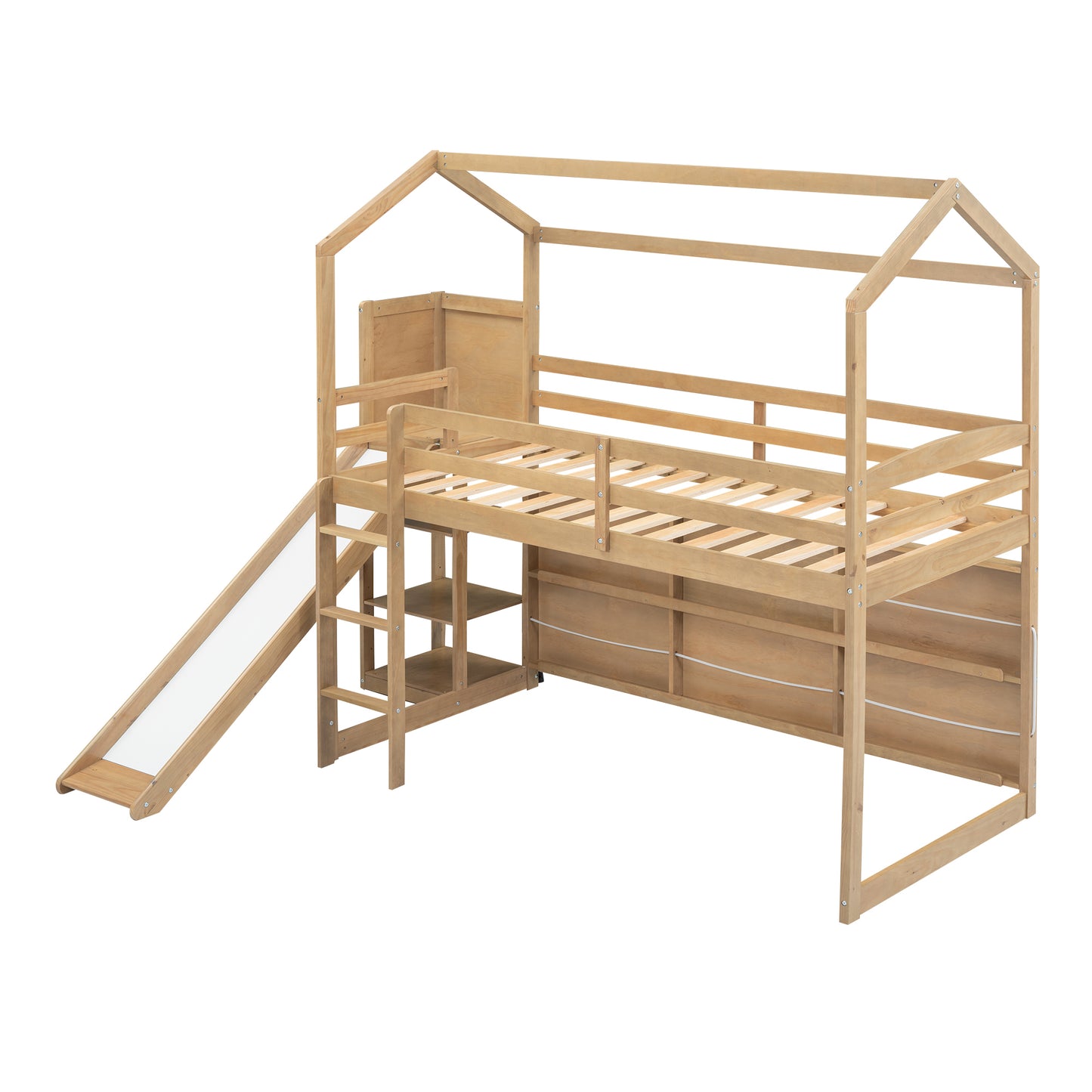 Twin Size Wood House Loft bed with Slide, Storage shelves and Light, Climbing Ramp, Wood Color