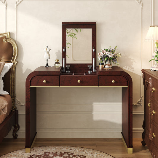 Classic Wood Vanity Desk with Flip Mirror, 3-in-1 Dressing Table with 2 Drawers and Storage Space for Bedroom, Espresso