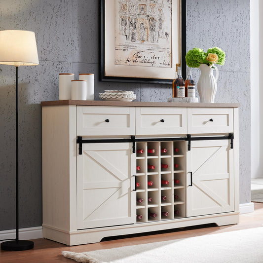 Farmhouse Wine Bar Cabinet w/Sliding Barn Door, 58' Kitchen Coffee Bar Cabinet w/Wine & Glass Rack, Storage Shelves, 3 Drawers, Rustic Large Buffet Sideboard for Dining Room, Antique White SolidRoot Buy Furniture USA