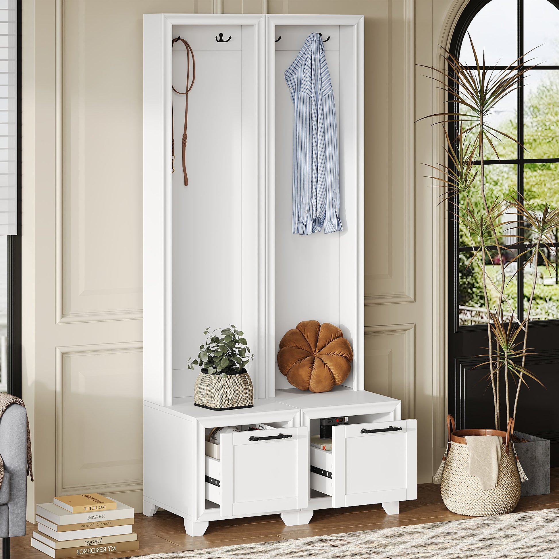 ON-TREND Elegant Free Standing Hall Tree Set of 2, Multifunctional 3-IN-1 Entryway Coat Rack with Black Retro Handles, Seating Bench with Storage Drawers for Hallway, Living Room, White, 31.4'W*70.8'H SolidRoot Buy Furniture USA