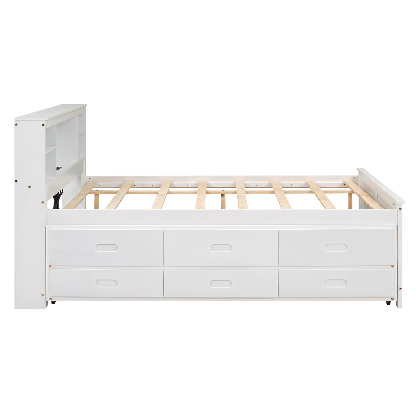 Full Size Platform Bed with Storage Headboard, USB, Twin Size Trundle and 3 Drawers, White