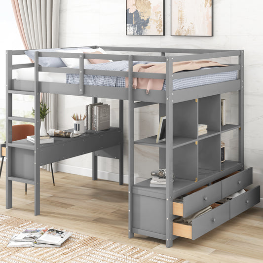 Full Size Loft Bed with Built-in Desk with Two Drawers, and Storage Shelves and Drawers,Gray(Old SKU: GX000320AAE)