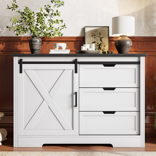 Drawer Dresser, Bar Chest, Dining Sideboard, Storage Cabinet with Silent Sliding Doors and Three Drawers, Space Saving, Suitable for Dining Room, Living Room, Bedroom, etc., White
