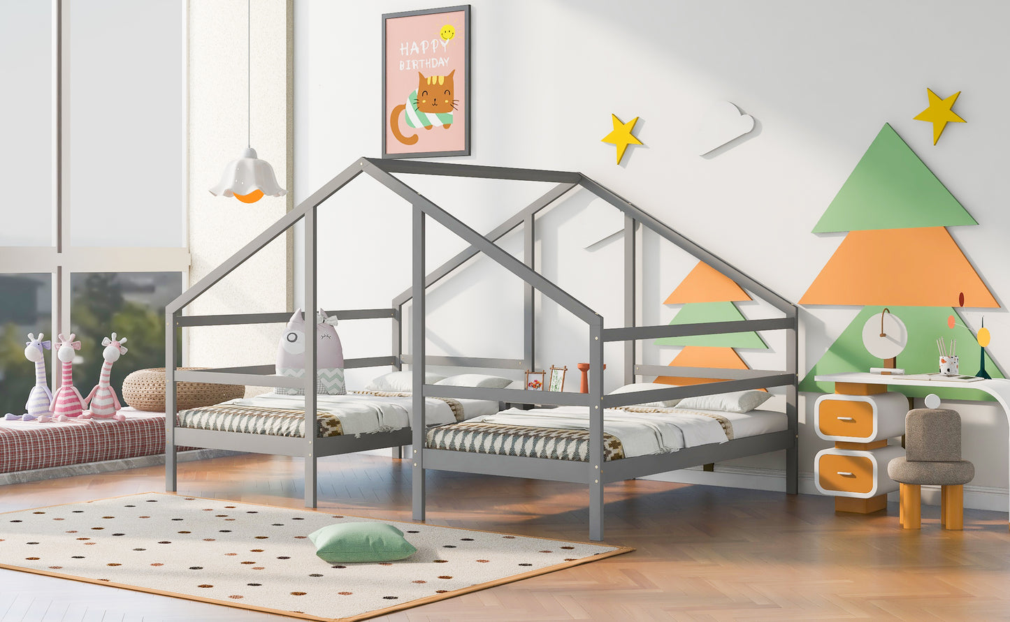 Double Twin Size Triangular House Beds with Built-in Table,Gray(Old SKU: WF286895AAE)