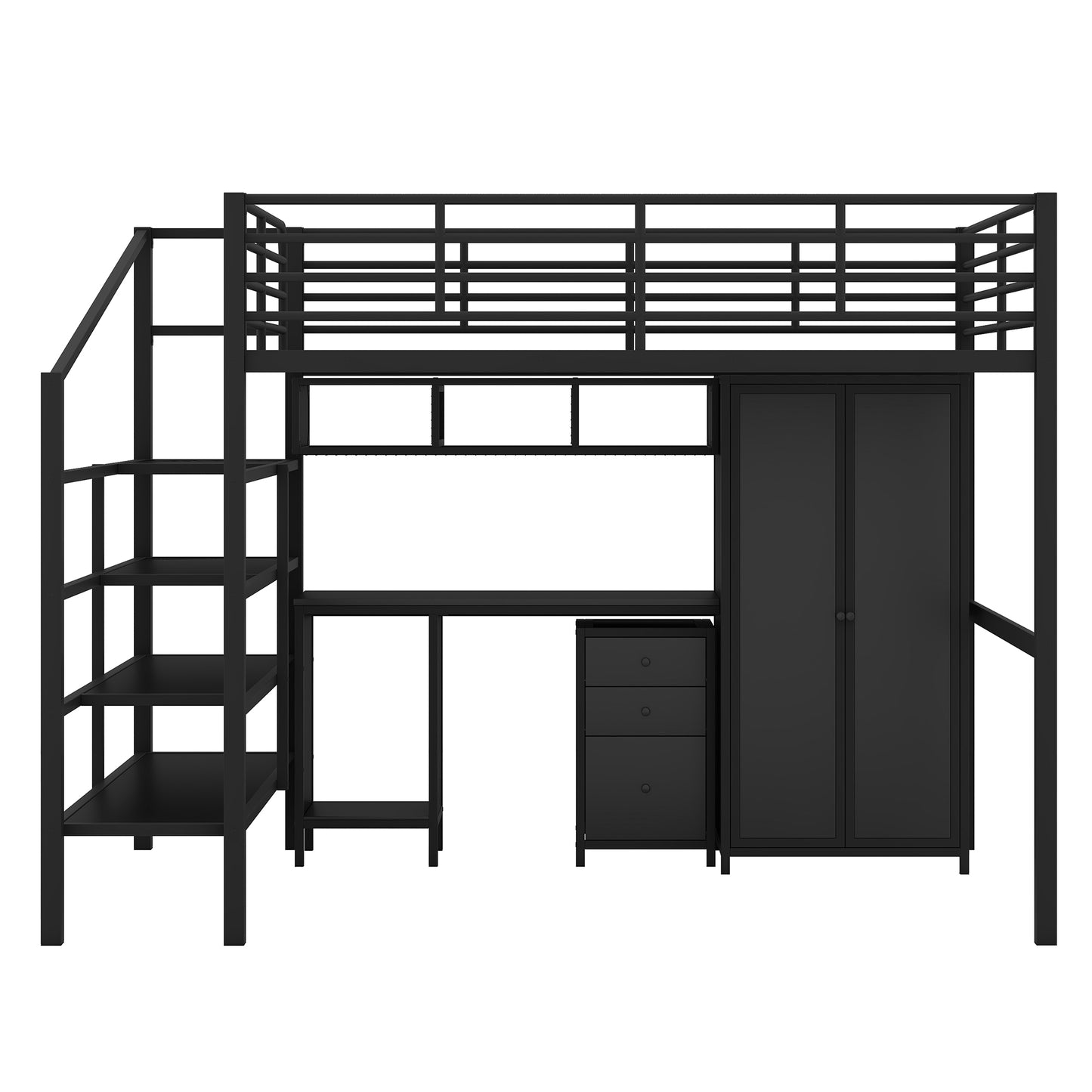 Metal Loft Bed With table set and wardrobe, Full, Black