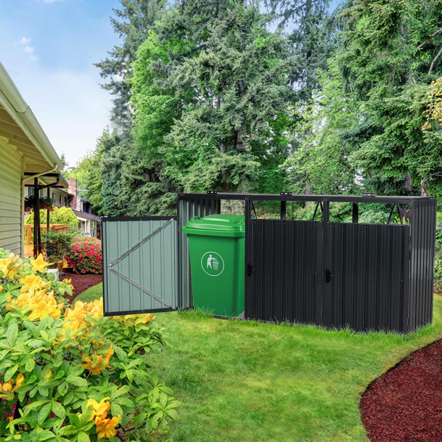 Garbage Bin Shed Stores 3 Trash Cans Metal Outdoor Bin Shed for Garbage Storage,Stainless Galvanized Steel, Bin Shed for Garden Yard Lawn W540S00009 SolidRoot Buy Furniture USA