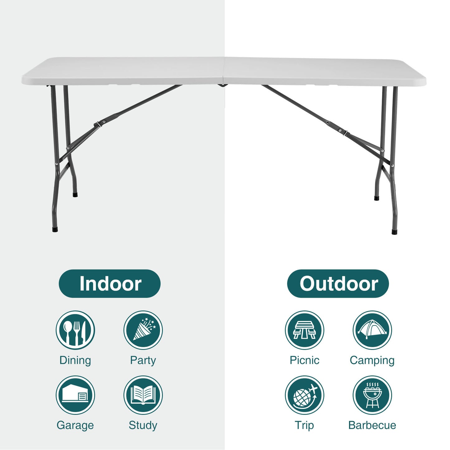 6ft Folding Table Outdoor Indoor Heavy Duty Portable Table with Carrying Handle for Camping Picnic Party