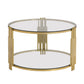 Modern Glass Coffee Table in 31.5", Asymmetrical Metal, Circular Metal Drum Base, Gold Finish & Lower Shelf Livingsource