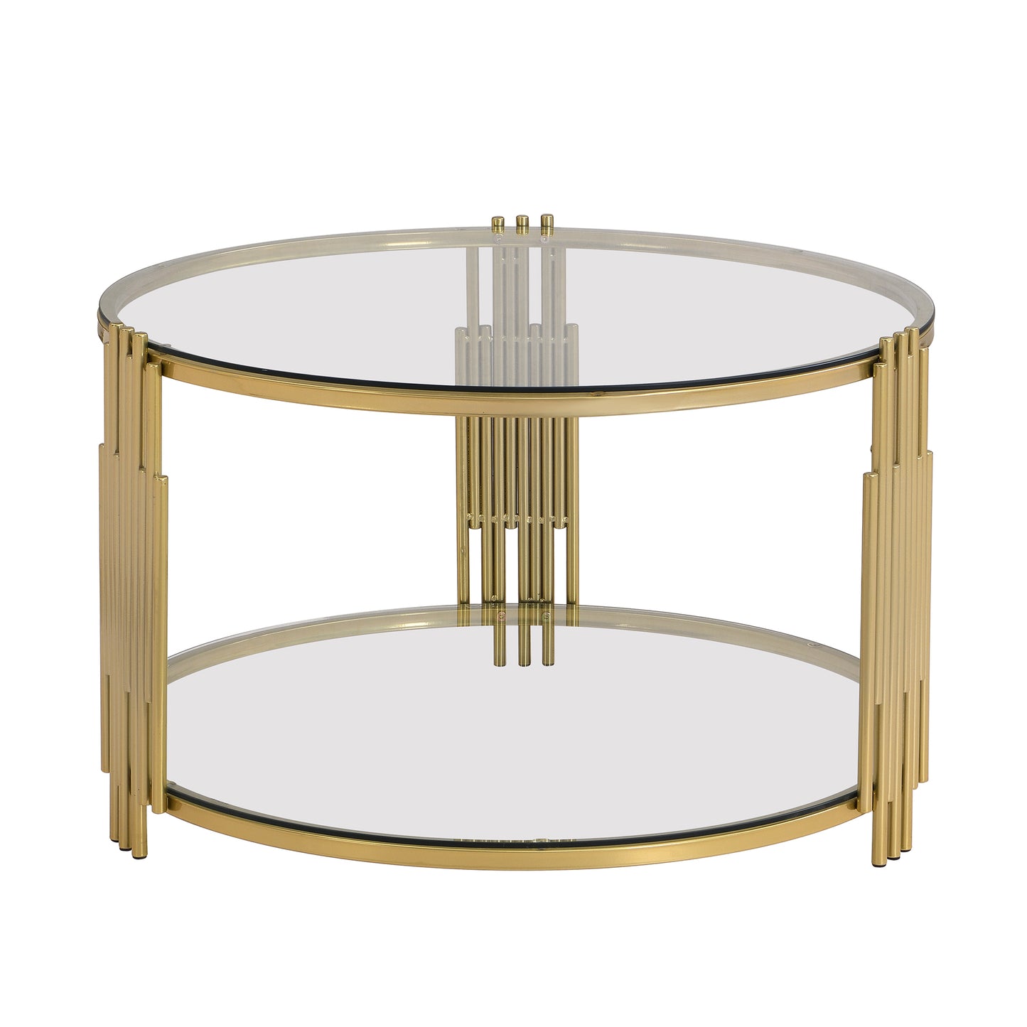 Modern Glass Coffee Table in 31.5", Asymmetrical Metal, Circular Metal Drum Base, Gold Finish & Lower Shelf