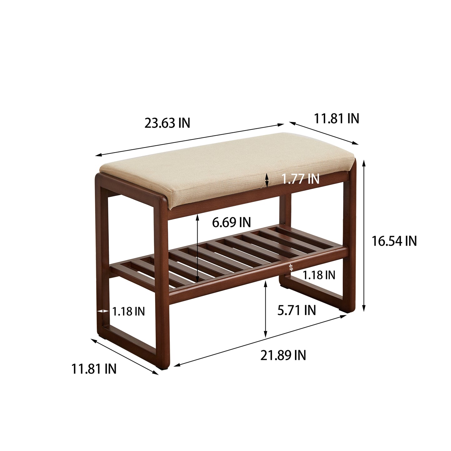 (Walnut Color) Solid Wood Shoe Bench, Beech Wood Storage Rack Organizer with High Rebound Sponge Cushion