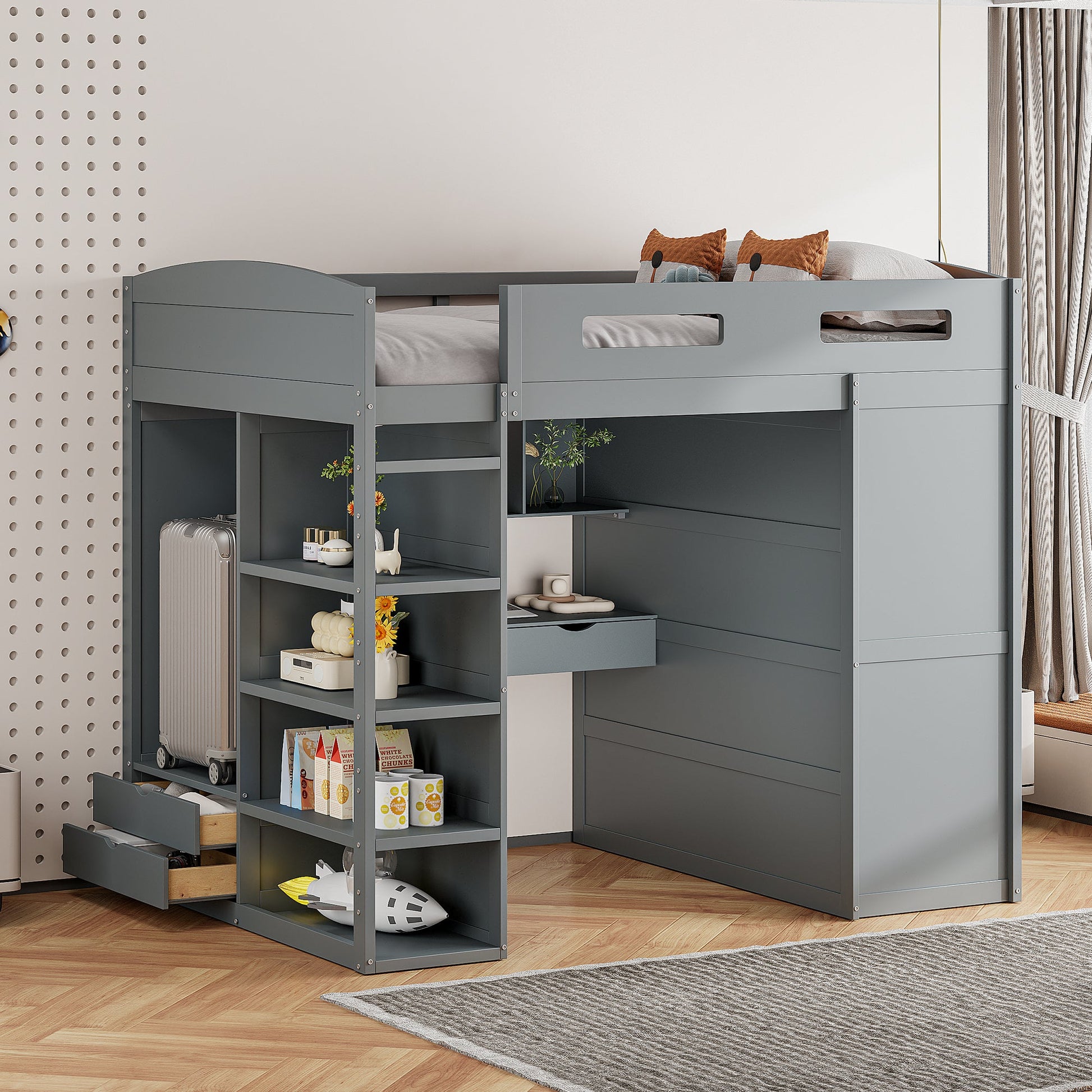 Full Size Loft Bed with Desk, Wardrobes, 4 Drawers and 4 Shelves-Gray SolidRoot Buy Furniture USA
