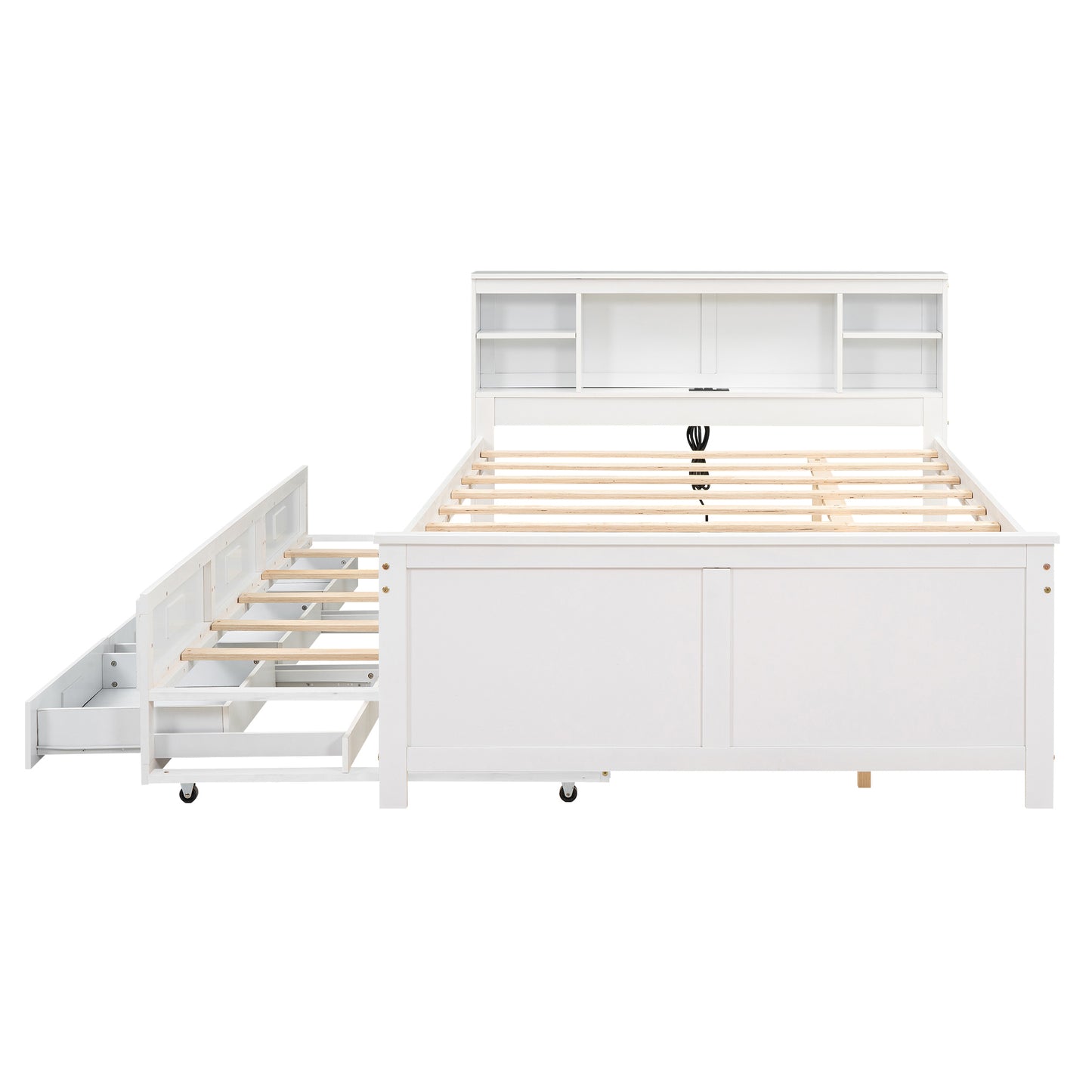 Full Size Platform Bed with Storage Headboard, USB, Twin Size Trundle and 3 Drawers, White