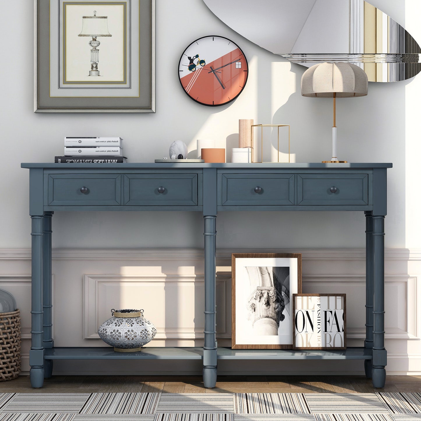 TREXM Console Table Sofa Table Easy Assembly with Two Storage Drawers and Bottom Shelf for Living Room, Entryway (Antique Navy)