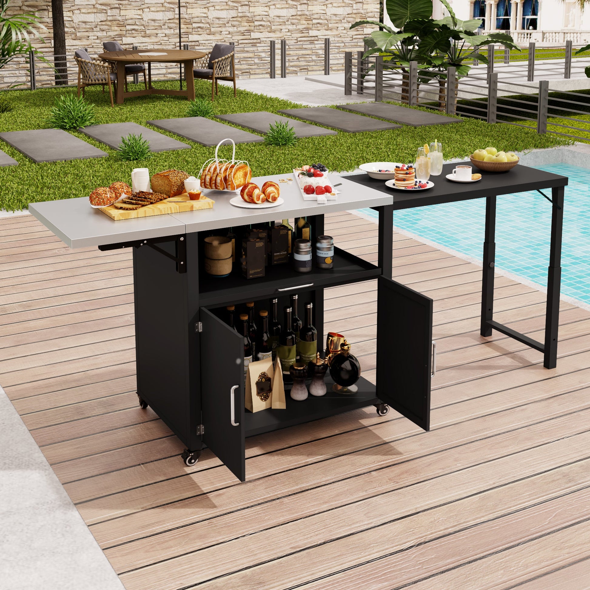 Versatile Outdoor Cabinet with Folding & Expandable Work Surfaces, Ample Storage Space, and Lockable Wheels, Matte Black SolidRoot Buy Furniture USA