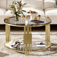 Modern Glass Coffee Table in 31.5", Asymmetrical Metal, Circular Metal Drum Base, Gold Finish & Lower Shelf Livingsource