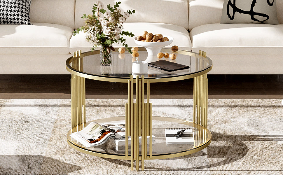 Modern Glass Coffee Table in 31.5", Asymmetrical Metal, Circular Metal Drum Base, Gold Finish & Lower Shelf