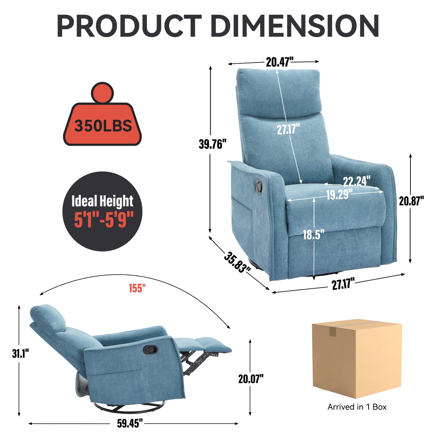 Heat Massage Manual Recliner Chair with Rocker and Swivel in Fabric for Living Room, Blue