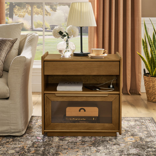 Mid Century Modern Nightstand with Charging Station & Outlet Hole & 2 Drawers, Farmhouse End Table with Open Shelf & Glass Drawer Dresser, Side Cabinet for Living Room Reception Room Dorm-Light Walnut SolidRoot Buy Furniture USA