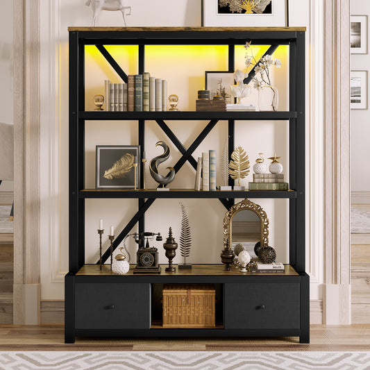 3-Shelf Metal Bookcase with Drawers for Home Office, Open Bookcase, Vintage Industrial Style Bookcase with LED,Vintage wood color