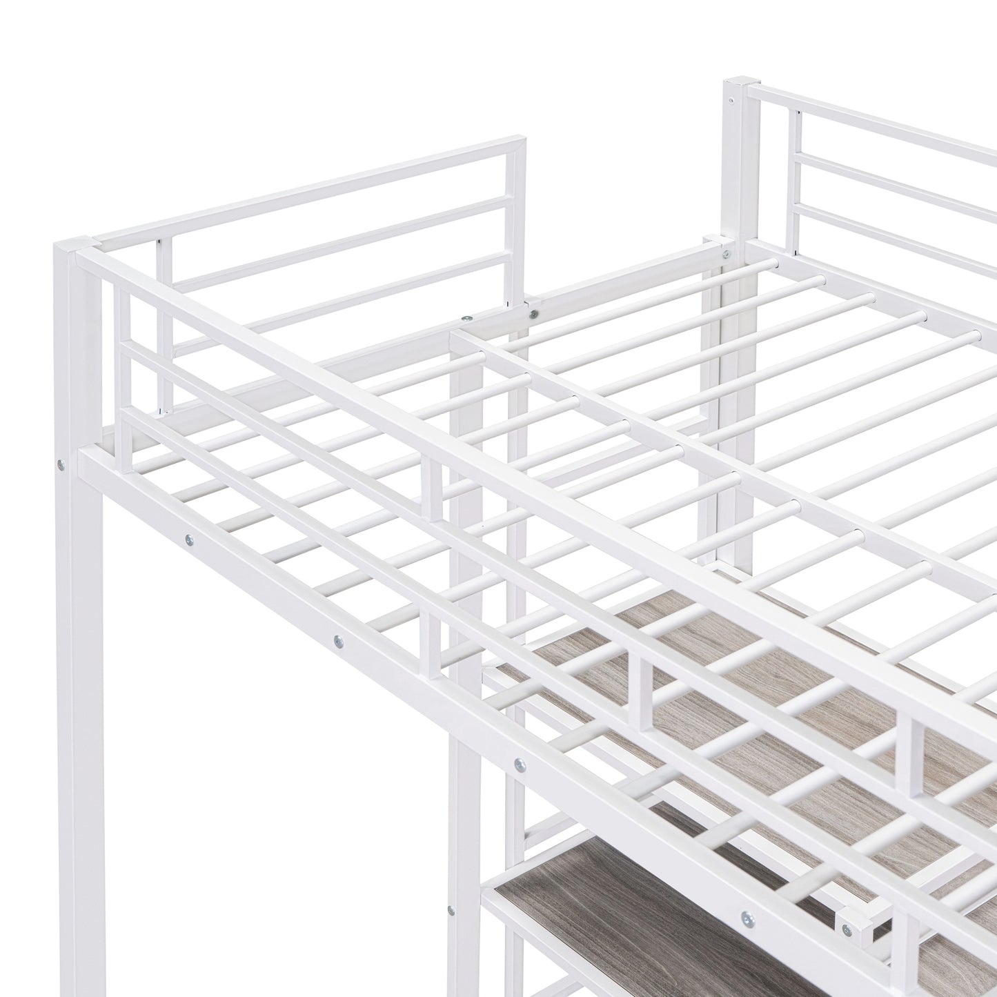 Twin Size Loft Bed with Desk and Whiteboard, Metal Loft Bed with 3 Shelves and Ladder, White