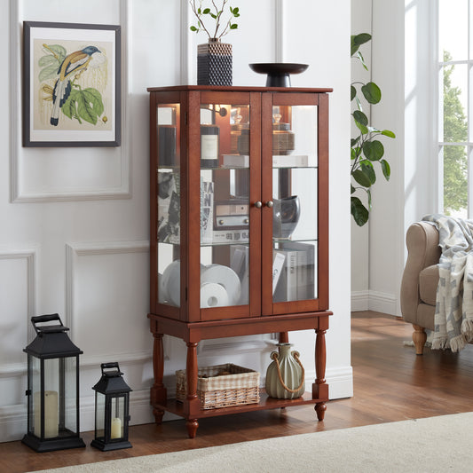 Curio Cabinet Lighted Curio Display Cabinet with Open Storage Space,Solid Wood Legs and adjustable Shelves, Acrylic Mirrored Back Panel, Tempered Glass Doors,3 Tier and one open space(E26 light bulb n
